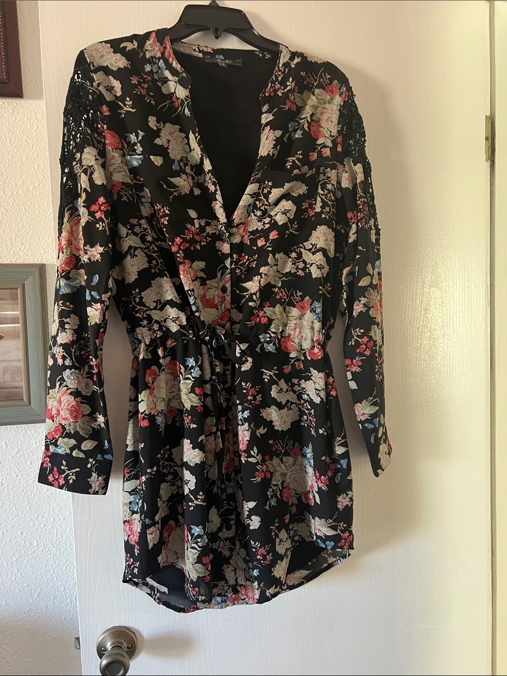 Miss Me Black Floral Tie-Waist Tunic with Pink and Cream Flowers